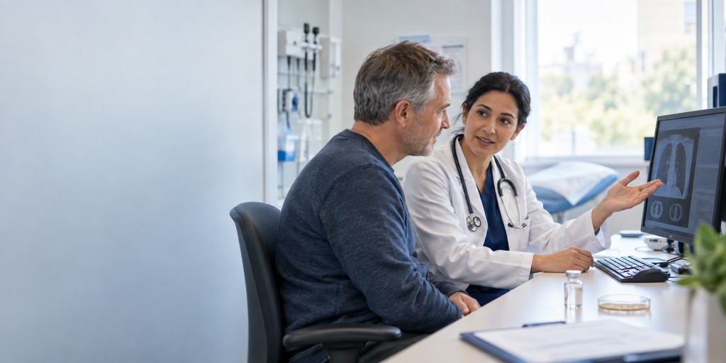Clinician discussing lung scan and future antifungal treatment options with a patient in a respiratory clinic.