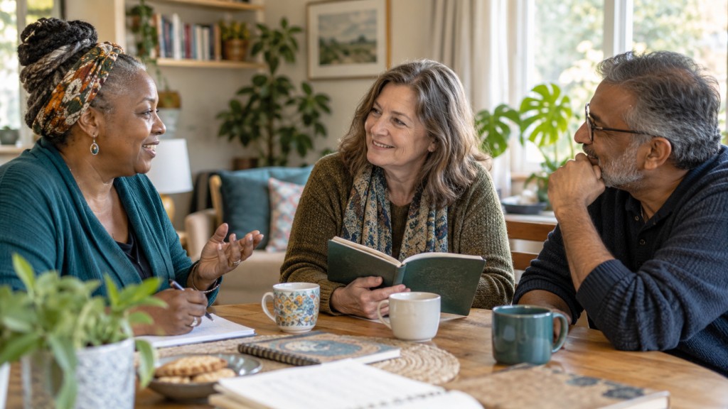 Three adults sharing stories and creative writing together around a table