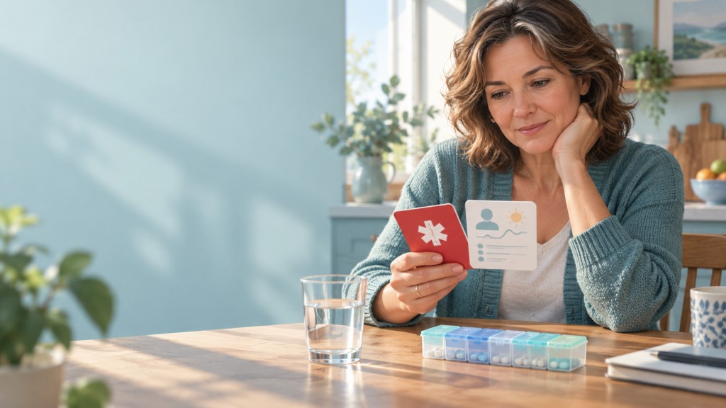 Woman checking a steroid emergency card and medical summary while tapering prednisolone