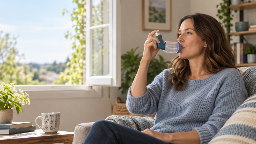 Woman using an inhaler with a spacer at home to manage severe asthma.