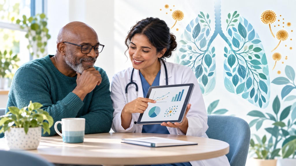 Patient and clinician discussing aspergillosis research, with illustrated lungs and fungal spores