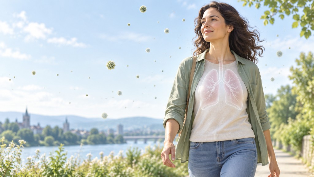 Woman walking outdoors with a subtle illustration of healthy lungs and Aspergillus spores in the air.