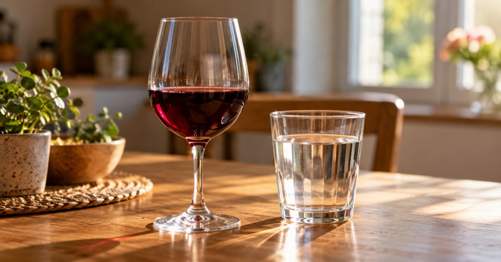 A glass of red wine beside a glass of water on a kitchen table, illustrating alcohol choices for people with aspergillosis