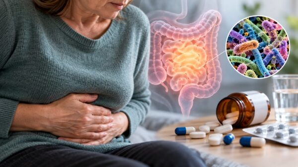 Woman holding her abdomen in discomfort, alongside an illustration of the digestive system, gut bacteria and antibiotic tablets.
