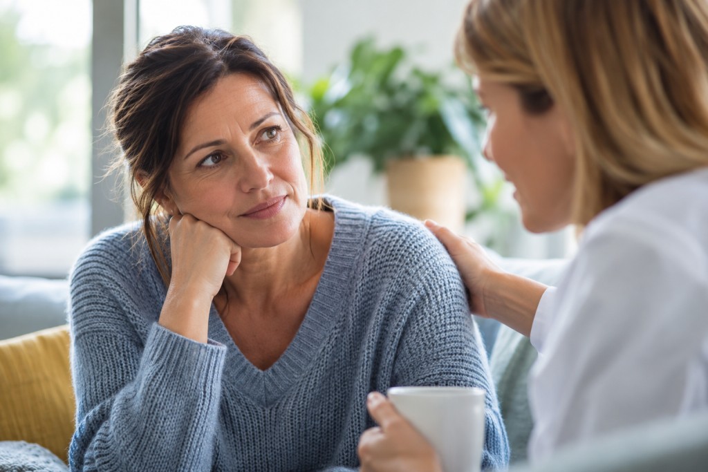 Woman discussing her worries with a supportive healthcare professional.