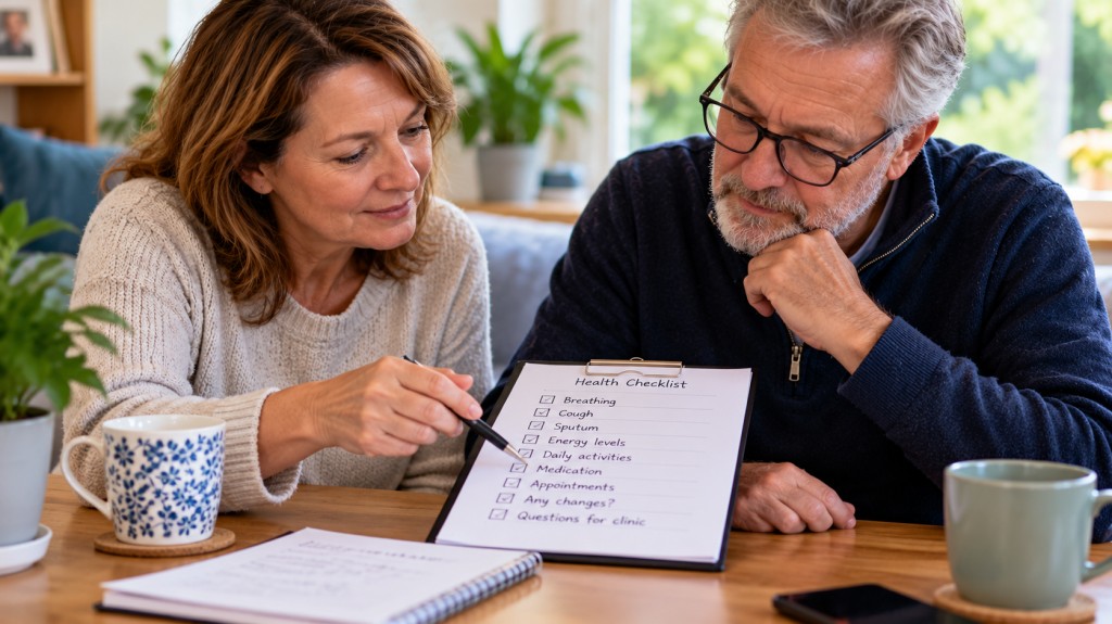 A woman and an older man reviewing a health checklist together at home, including breathing, coughing, fatigue and medication.
