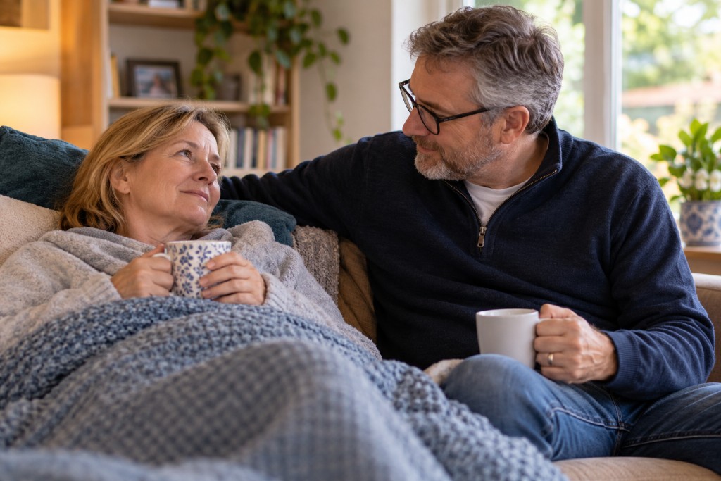 A man offering comfort to a woman resting on a sofa during a difficult day with chronic illness.