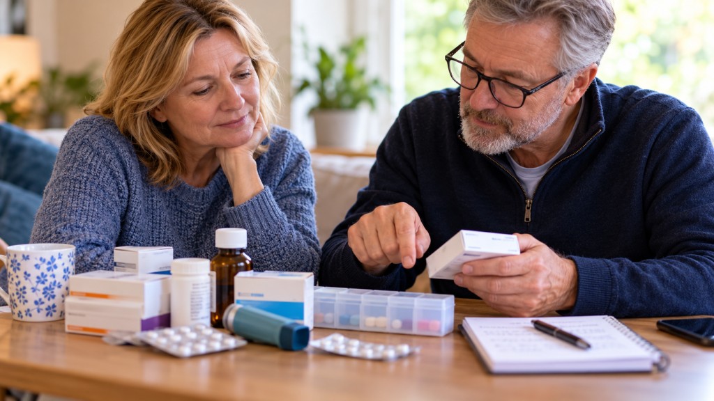 A couple reviewing medicine packaging, an inhaler and a weekly pill organiser together at home.
