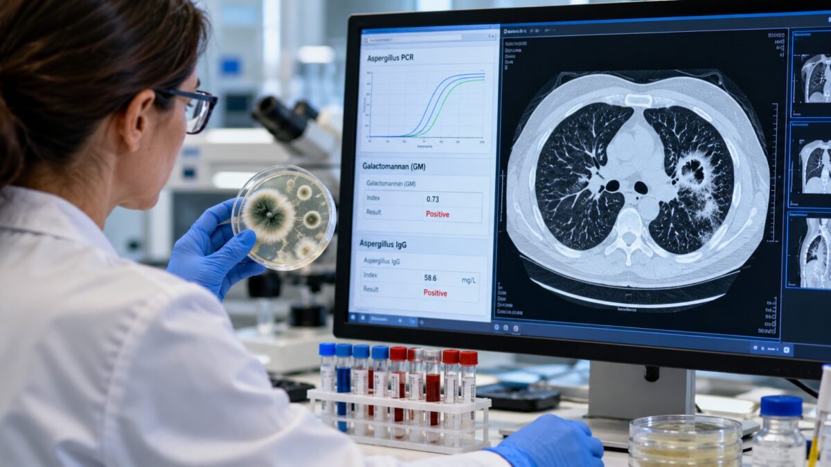 Illustration of a laboratory scientist examining Aspergillus cultures alongside PCR results and a lung CT scan