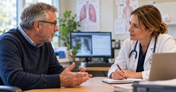 Older patient discussing changes in his symptoms with a doctor during a GP consultation.