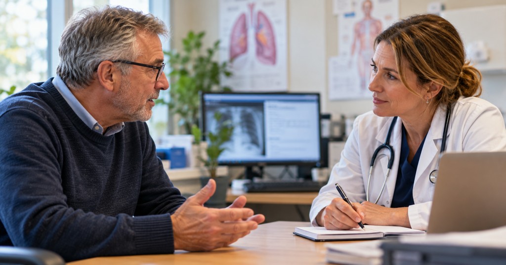 Older patient discussing changes in his symptoms with a doctor during a GP consultation.