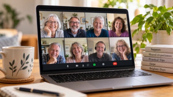 Online aspergillosis patient support group meeting, showing people connecting and sharing experiences through video chat.