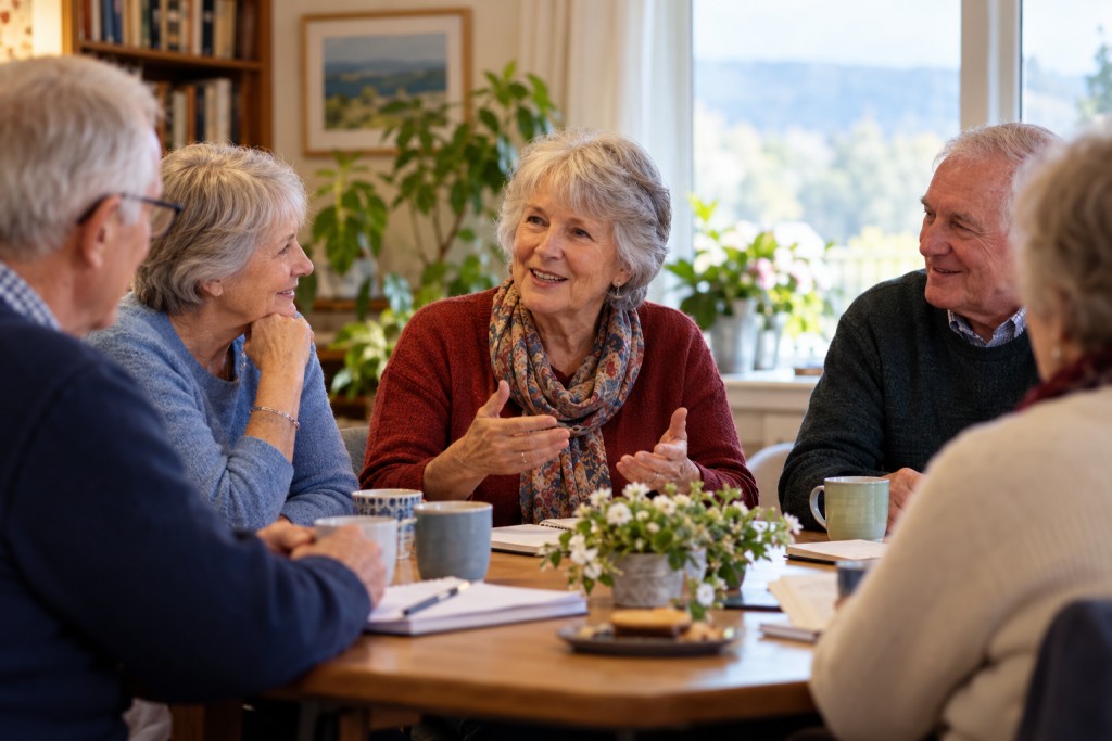 Illustration of older adults sharing experiences and supporting one another in a friendly group conversation