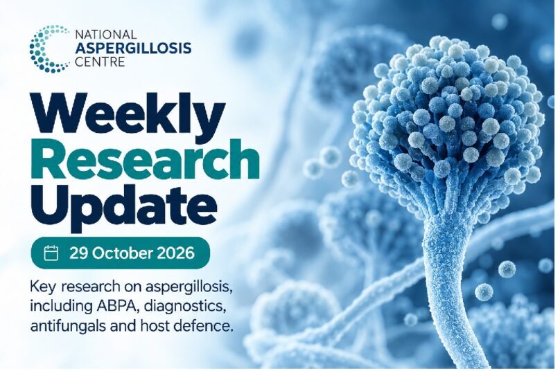 Weekly Aspergillosis Research Update, 26 October 2026, featuring an illustration of Aspergillus fumigatus and research on ABPA, diagnostics, antifungals and host defence.