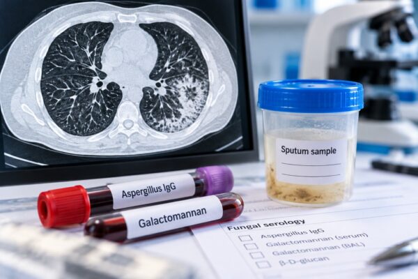 Illustration of a chest CT scan, sputum sample and blood tests used to investigate Aspergillus lung infections.