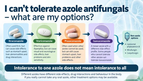 Infographic explaining options for people with aspergillosis who cannot tolerate azole antifungals, including itraconazole, voriconazole, posaconazole, isavuconazole and non-azole alternatives.