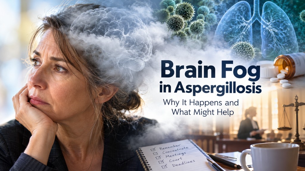 Woman experiencing brain fog, with an illustration of the brain surrounded by mist, lungs and corticosteroid medication representing possible causes in aspergillosis.