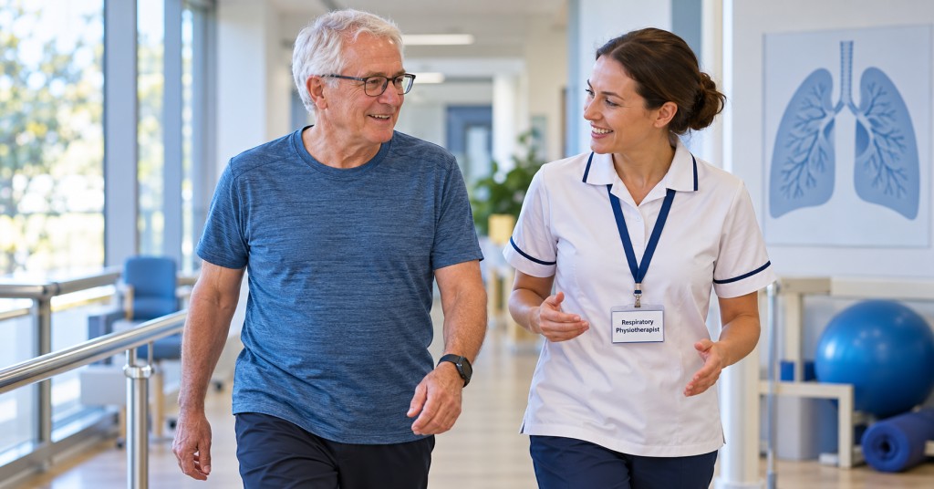 Patient walking with a respiratory physiotherapist during supervised exercise for chronic lung disease.