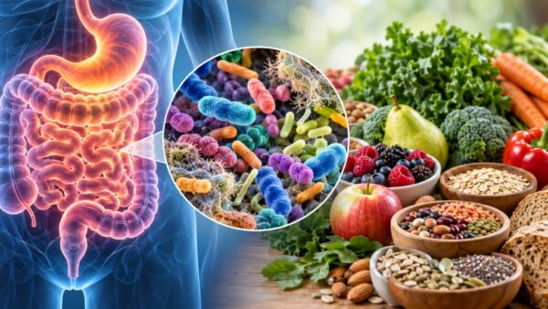 Illustration of the human digestive system and gut microbiome alongside fibre-rich plant foods, including vegetables, fruit, beans and wholegrains.
