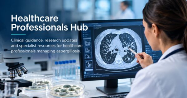 Healthcare professional reviewing lung CT imaging alongside laboratory equipment used in fungal diagnostics.
