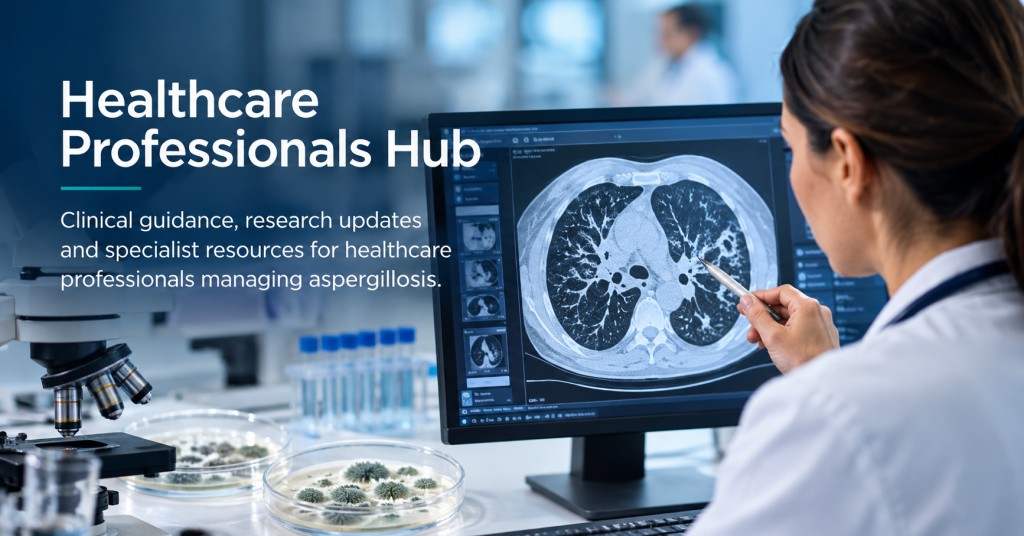 Healthcare professional reviewing lung CT imaging alongside laboratory equipment used in fungal diagnostics.