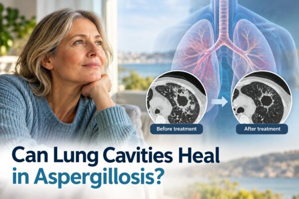 Medical illustration comparing lung cavities in chronic pulmonary aspergillosis before and after treatment, showing reduced inflammation with a persistent cavity.