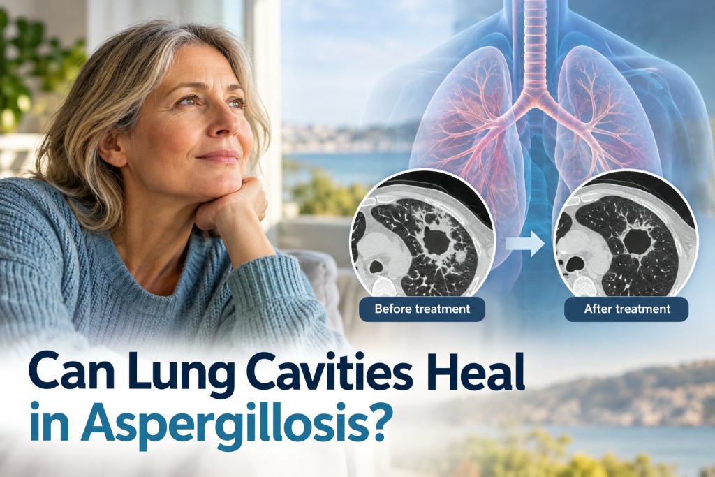 Medical illustration comparing lung cavities in chronic pulmonary aspergillosis before and after treatment, showing reduced inflammation with a persistent cavity.