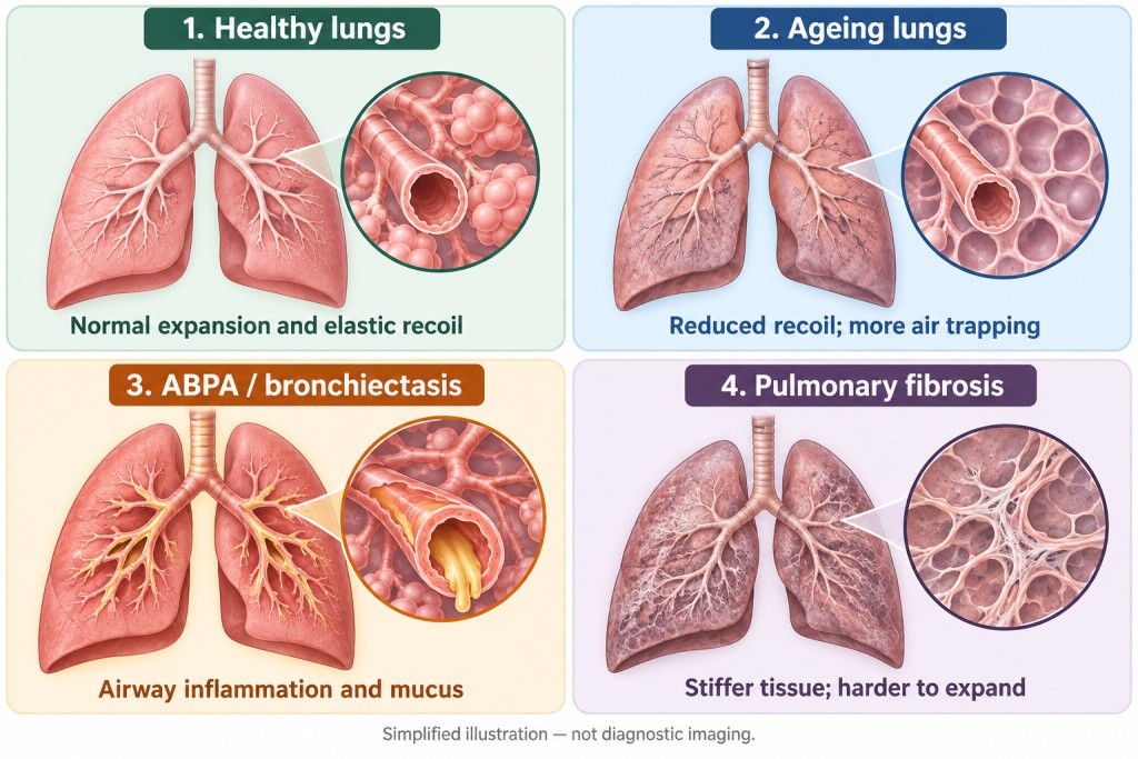 Medical illustration comparing healthy lungs, ageing lungs with reduced elastic recoil, ABPA and bronchiectasis with airway inflammation and mucus, and pulmonary fibrosis with stiffened lung tissue.