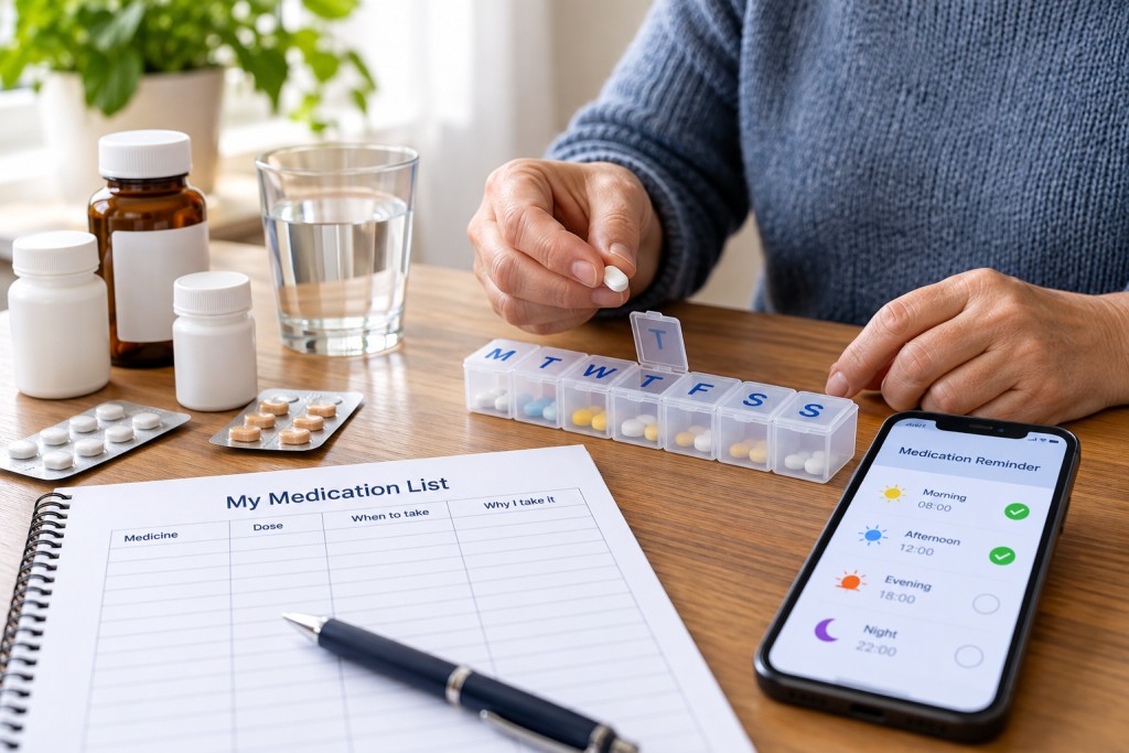 Person organising prescribed medicines using a weekly pill organiser, medication list and smartphone reminders.