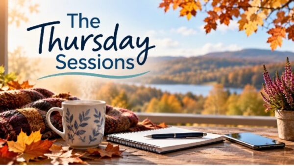 The Thursday Sessions autumn banner featuring a steaming mug, notebook and smartphone overlooking an autumn landscape.