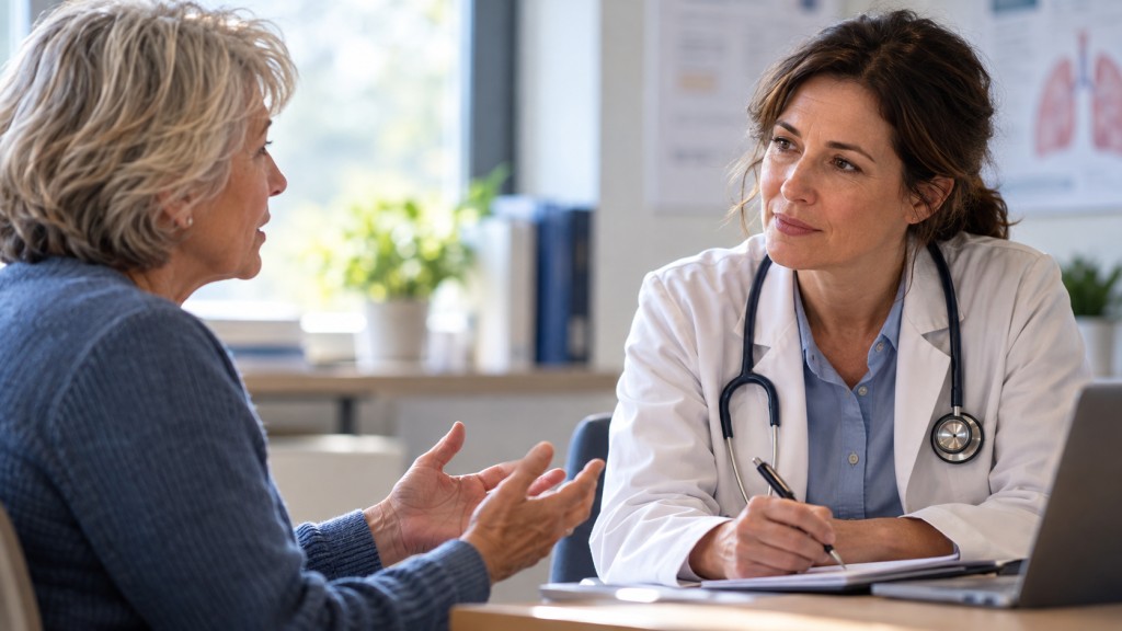 Older patient explaining her concerns during a medical consultation while a doctor listens attentively.