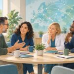 Patients and respiratory researchers seated together in discussion as equal partners.