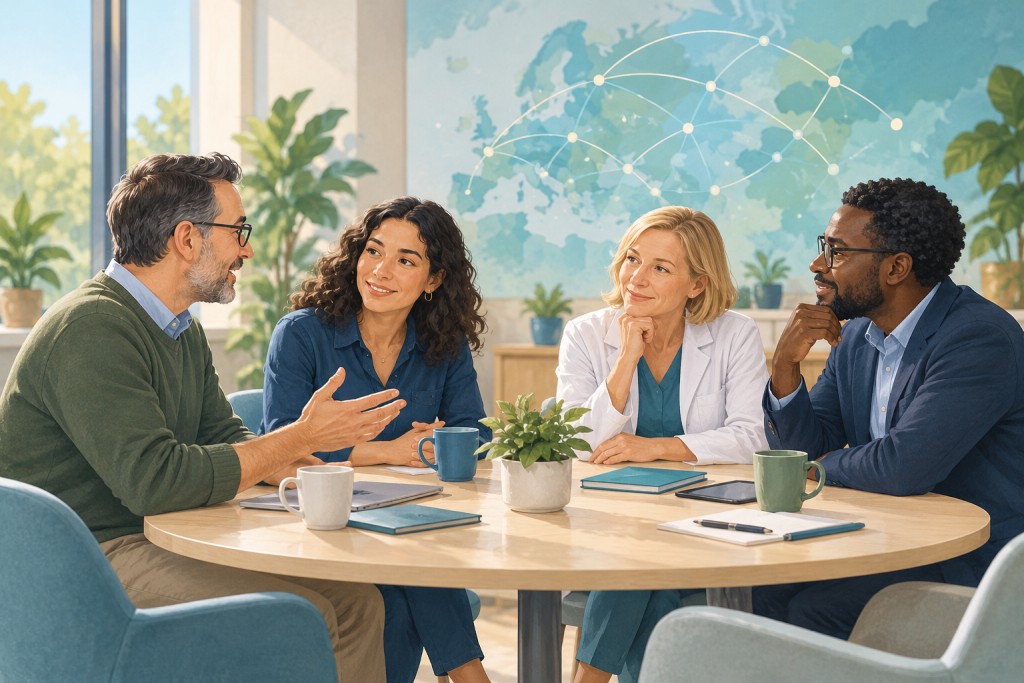 Patients and respiratory researchers seated together in discussion as equal partners.