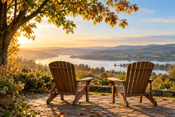 Two empty chairs overlooking a peaceful landscape, symbolising reflection and conversations about future care.