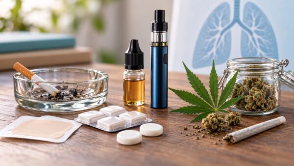 Cigarette, nicotine vape, cannabis and nicotine replacement products arranged on a table with a lung illustration in the background