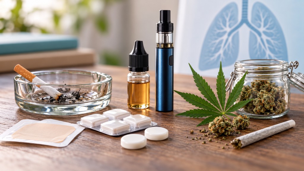 Cigarette, nicotine vape, cannabis and nicotine replacement products arranged on a table with a lung illustration in the background