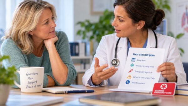 Patient discussing steroid-induced adrenal insufficiency, sick-day rules and emergency treatment planning with a healthcare professional.