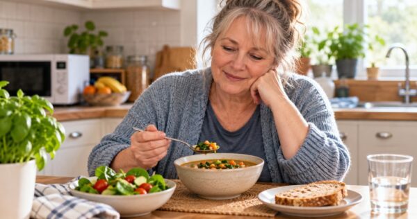 Older woman sitting at a kitchen table eating vegetable soup with bread and salad
