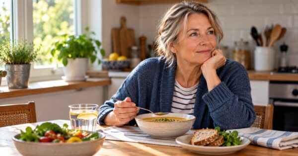 Woman sitting at a kitchen table with a nutritious meal of soup, salad and wholegrain bread