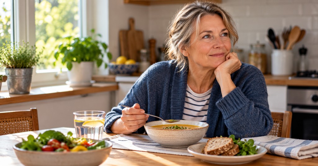 Woman sitting at a kitchen table with a nutritious meal of soup, salad and wholegrain bread